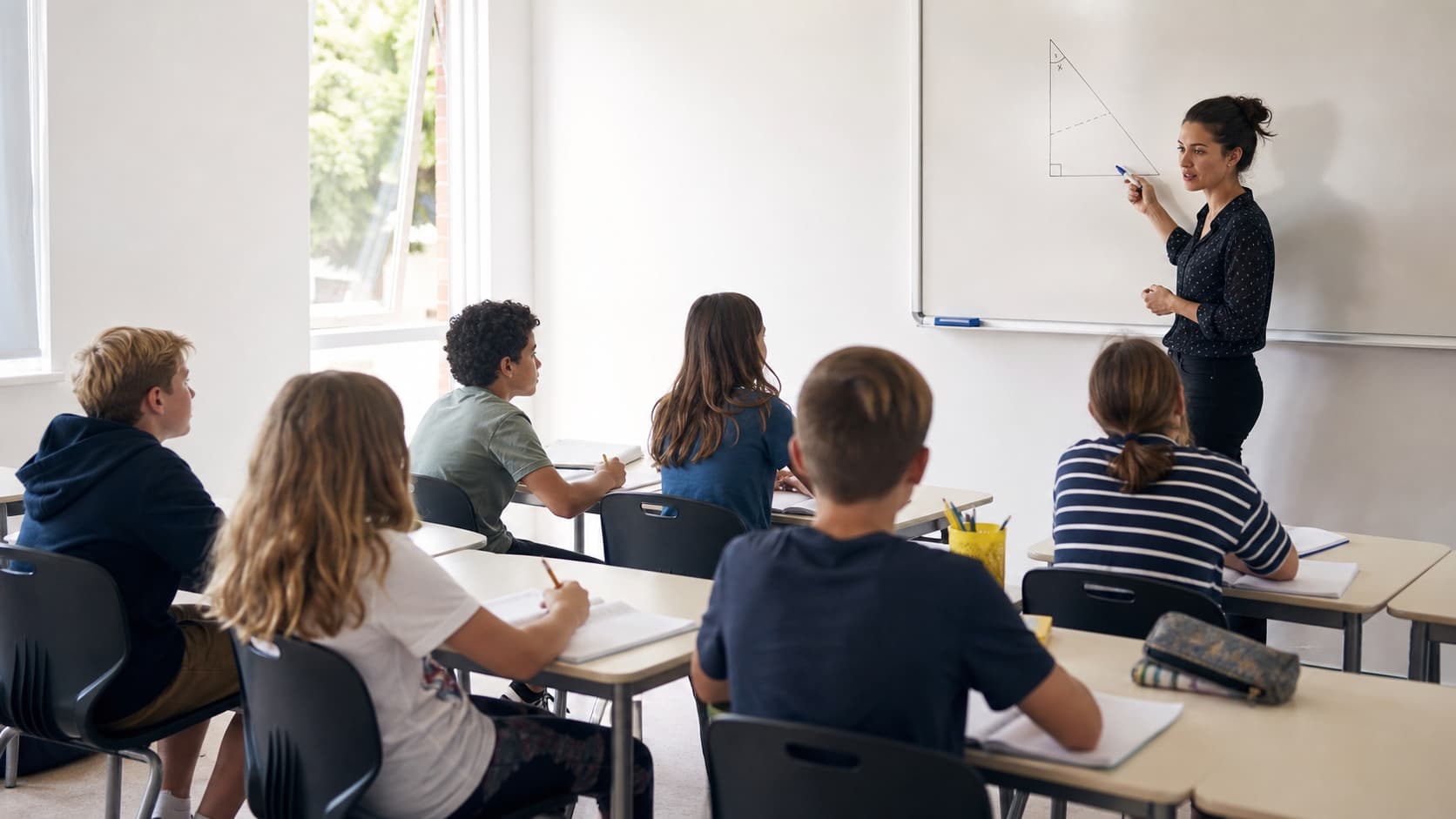 A teacher explaining a maths problem to a small class of pupils