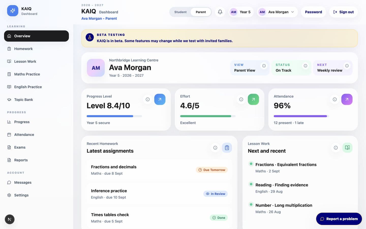 KAIQ parent dashboard showing a fictional learner's progress, attendance, homework and recent lessons