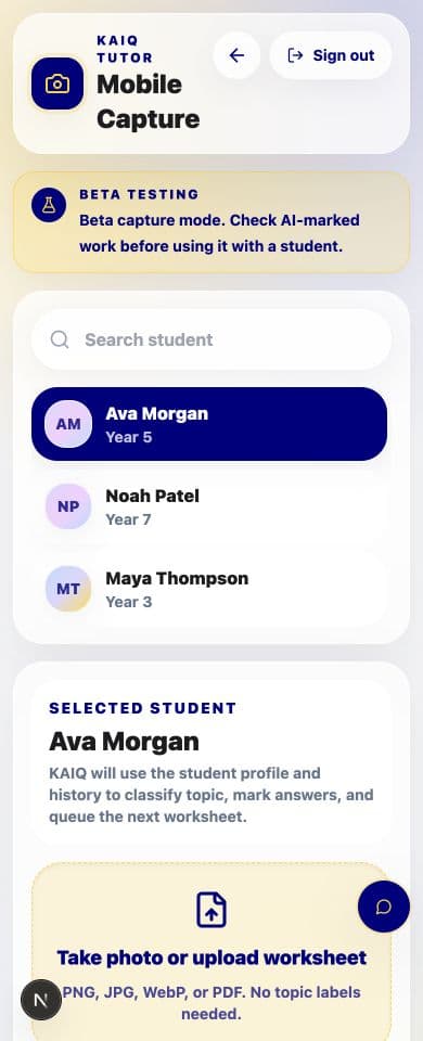 KAIQ tutor mobile capture view with fictional student profiles